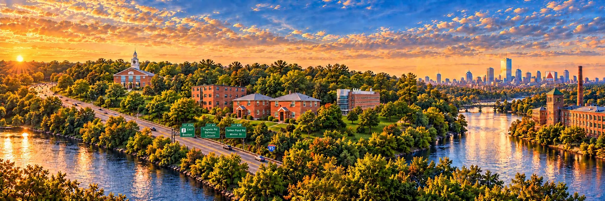 The Charles River and historic mill district in Waltham, Massachusetts