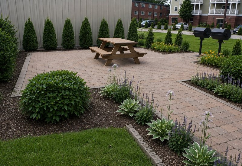Landscaped grounds and patio at a J.E. property