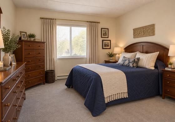 Furnished bedroom with navy bedding and wood dresser in a J.E. apartment