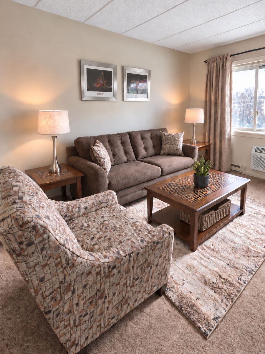 Furnished living room with sofa and armchairs in a J.E. apartment