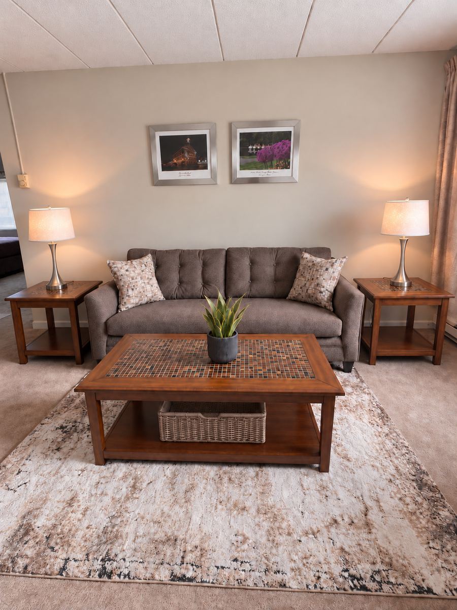 Furnished J.E. apartment with a comfortable living area and workspace