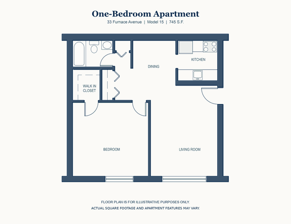 One Bedroom floor plan, 33 Furnace Avenue, Quincy, 745 square feet