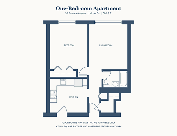 One Bedroom floor plan, 33 Furnace Avenue, Quincy, 680 square feet