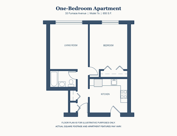 One Bedroom floor plan, 33 Furnace Avenue, Quincy, 655 square feet