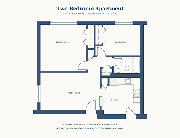 Two Bedroom floor plan, 33 Furnace Avenue, Quincy, 875 square feet