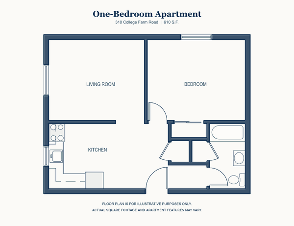 One Bedroom floor plan, 310 College Farm Road, Waltham, 610 square feet