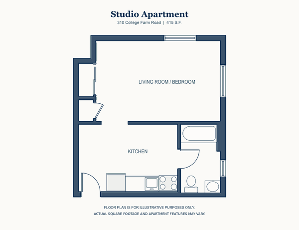 Studio floor plan, 310 College Farm Road, Waltham, 415 square feet