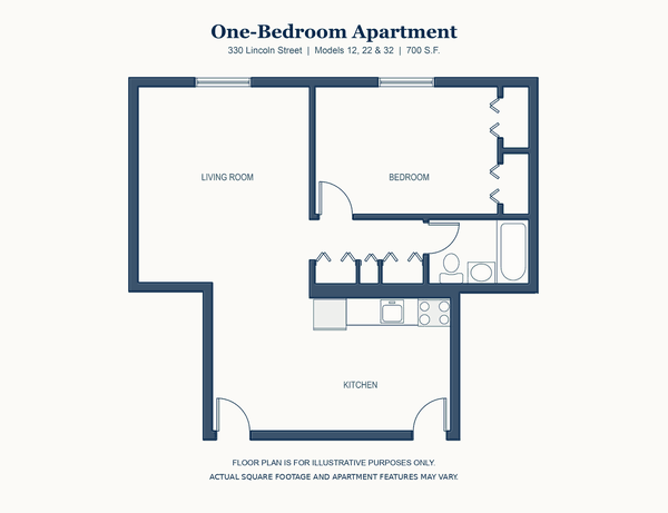One Bedroom floor plan, 330 Lincoln Street, Waltham, 700 square feet