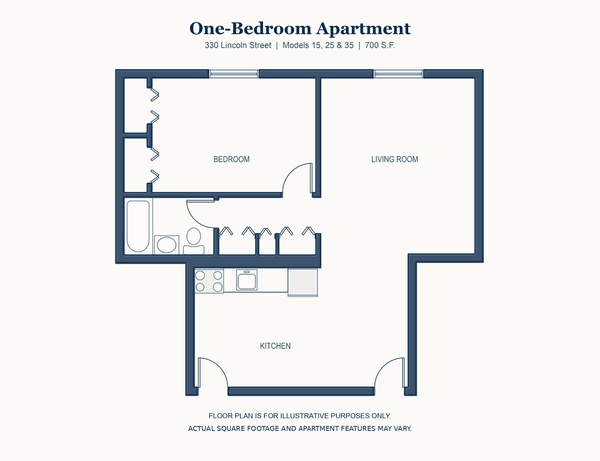 One Bedroom floor plan, 330 Lincoln Street, Waltham, 700 square feet