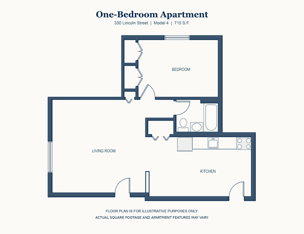 One Bedroom floor plan, 330 Lincoln Street, Waltham, 715 square feet