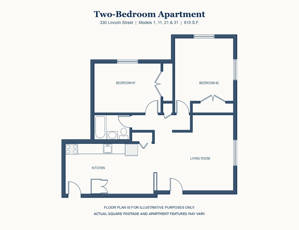 Two Bedroom floor plan, 330 Lincoln Street, Waltham, 910 square feet