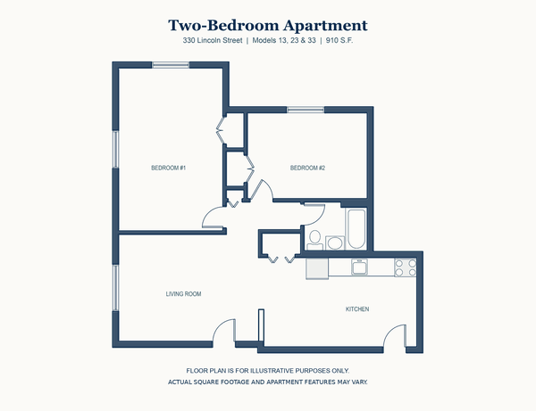 Two Bedroom floor plan, 330 Lincoln Street, Waltham, 910 square feet