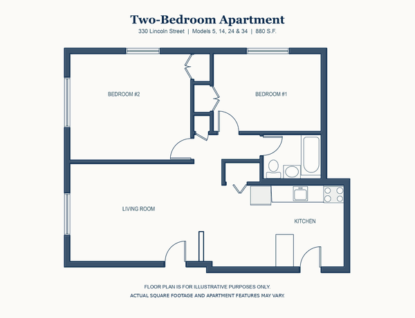 Two Bedroom floor plan, 330 Lincoln Street, Waltham, 880 square feet