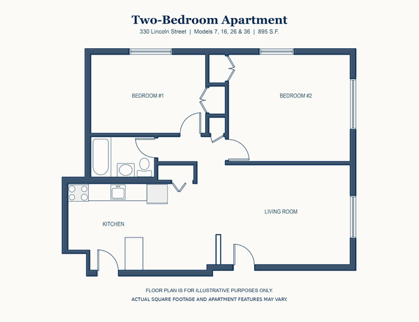Two Bedroom floor plan, 330 Lincoln Street, Waltham, 895 square feet