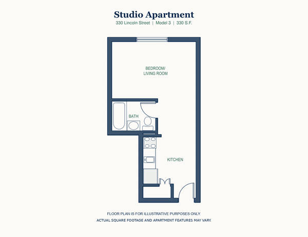 Studio floor plan, 330 Lincoln Street, Waltham, 330 square feet