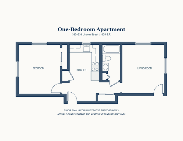 One Bedroom floor plan, 333-339 Lincoln Street, Waltham, 605 square feet