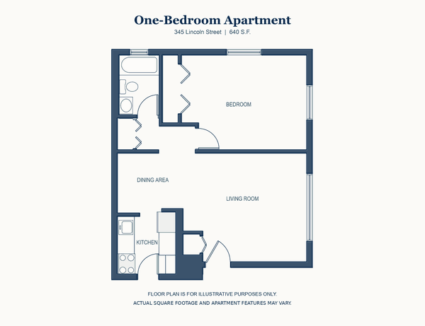 One Bedroom floor plan, 345 Lincoln Street, Waltham, 640 square feet