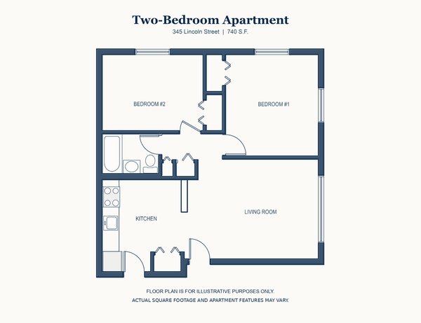 Two Bedroom floor plan, 345 Lincoln Street, Waltham, 740 square feet