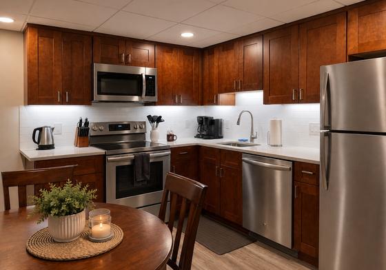 Kitchen with wood cabinets and stainless appliances in a J.E. Quincy apartment