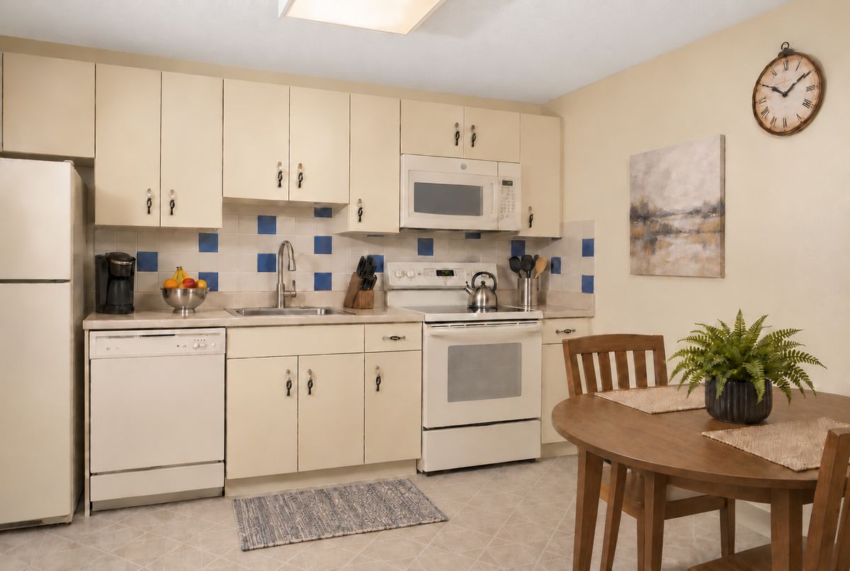 Kitchen with white cabinets at 345 and 330 Lincoln Street, Waltham