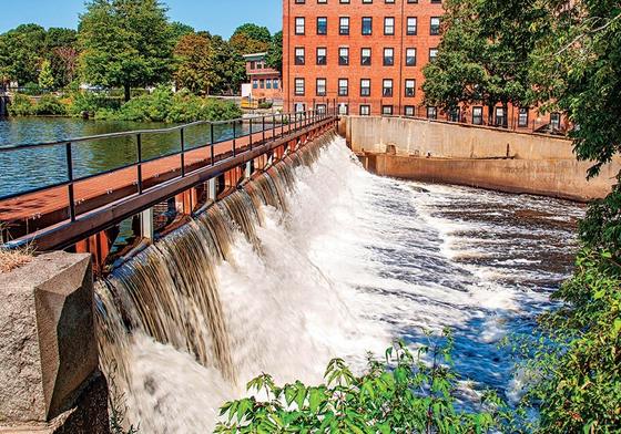The river, dam and mill buildings in Waltham, Massachusetts